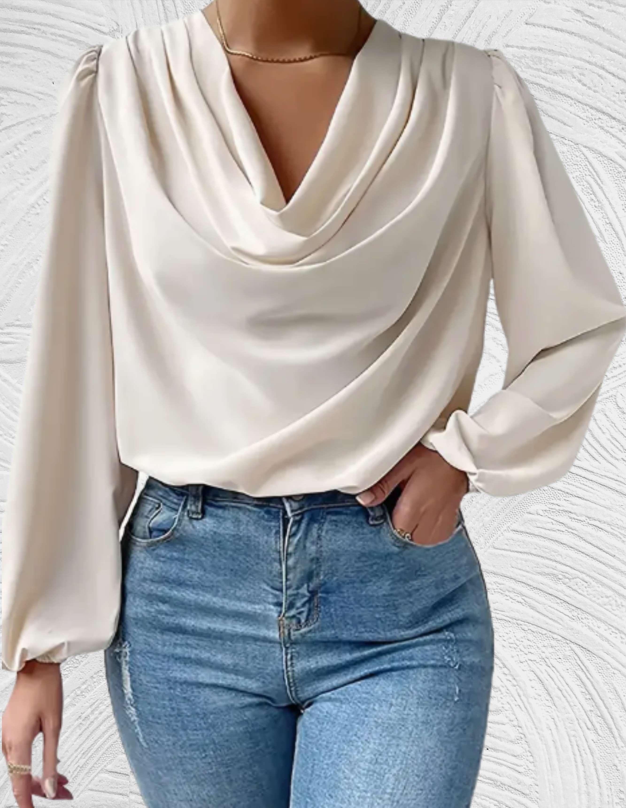 Witte top met lange pofmouwen en omslagmotieven