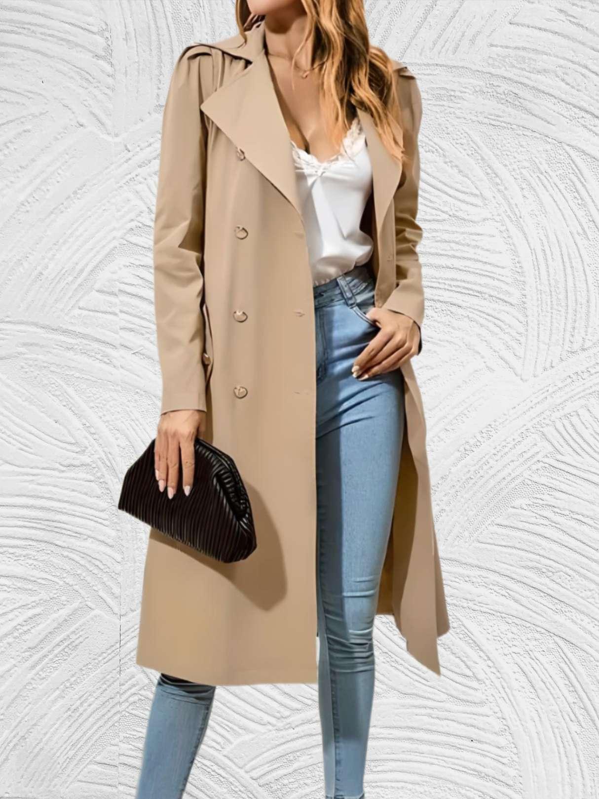 Beige lange jas met knoopsluiting en riemstrik