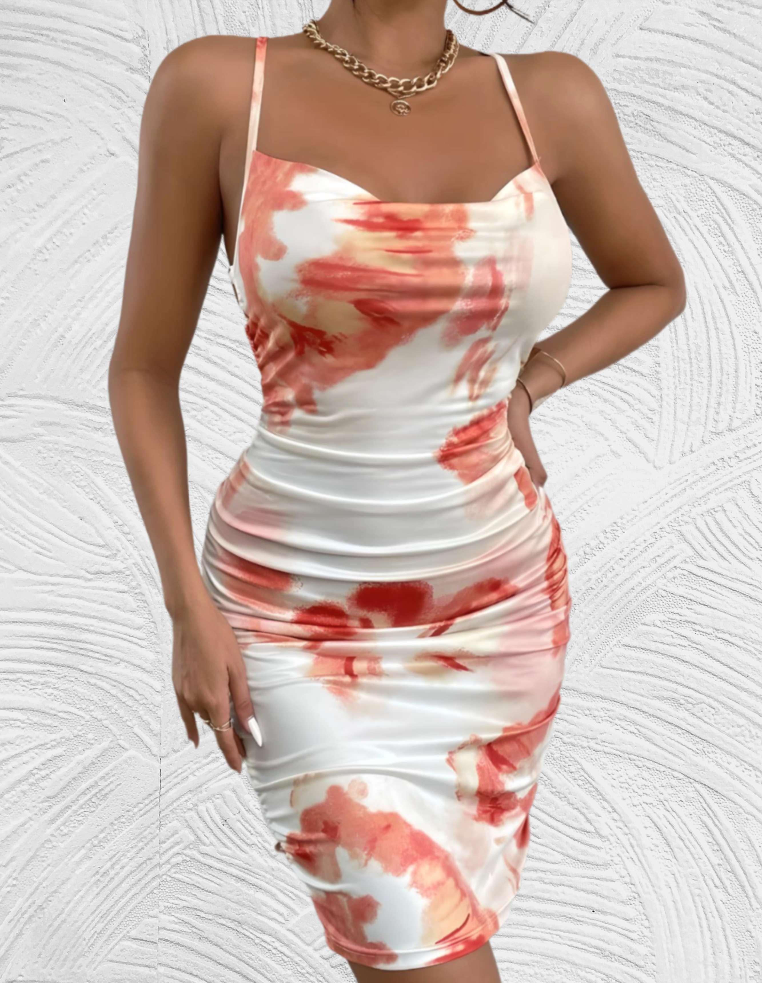 Bodycon mini jurk vierkante hals mouwloos rugloos en gemarmerd kleurontwerp