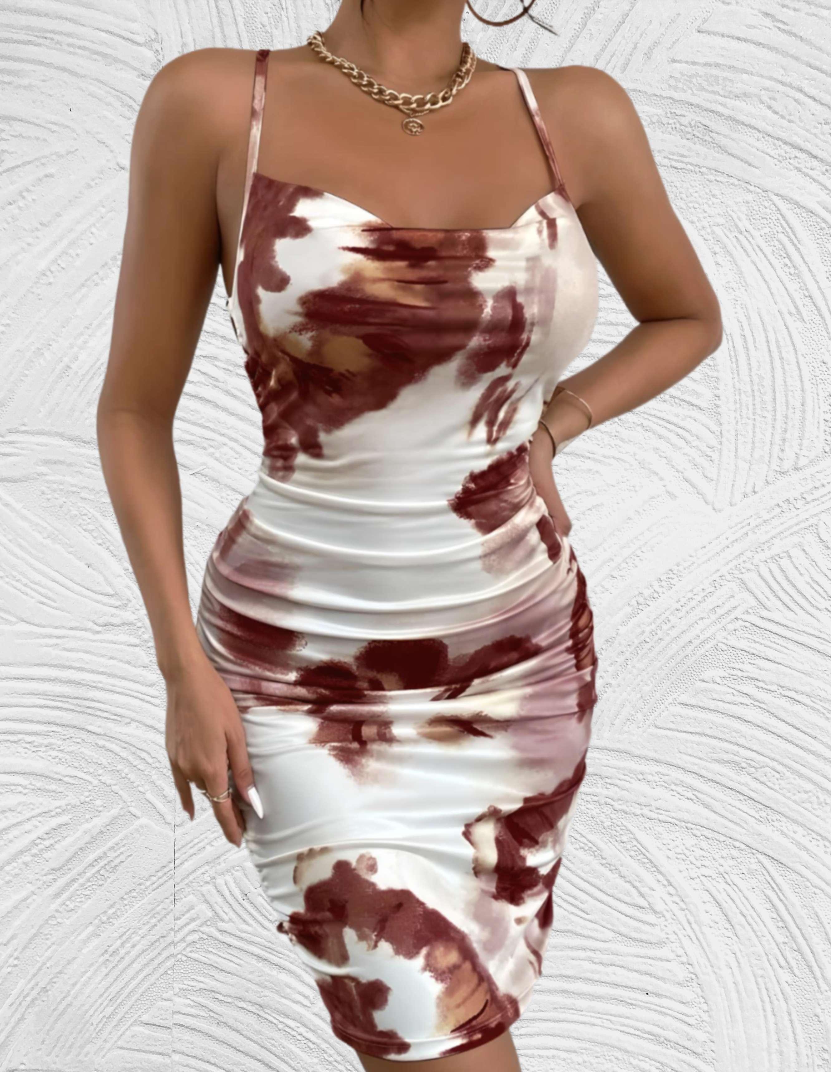 Bodycon mini jurk vierkante hals mouwloos rugloos en gemarmerd kleurontwerp