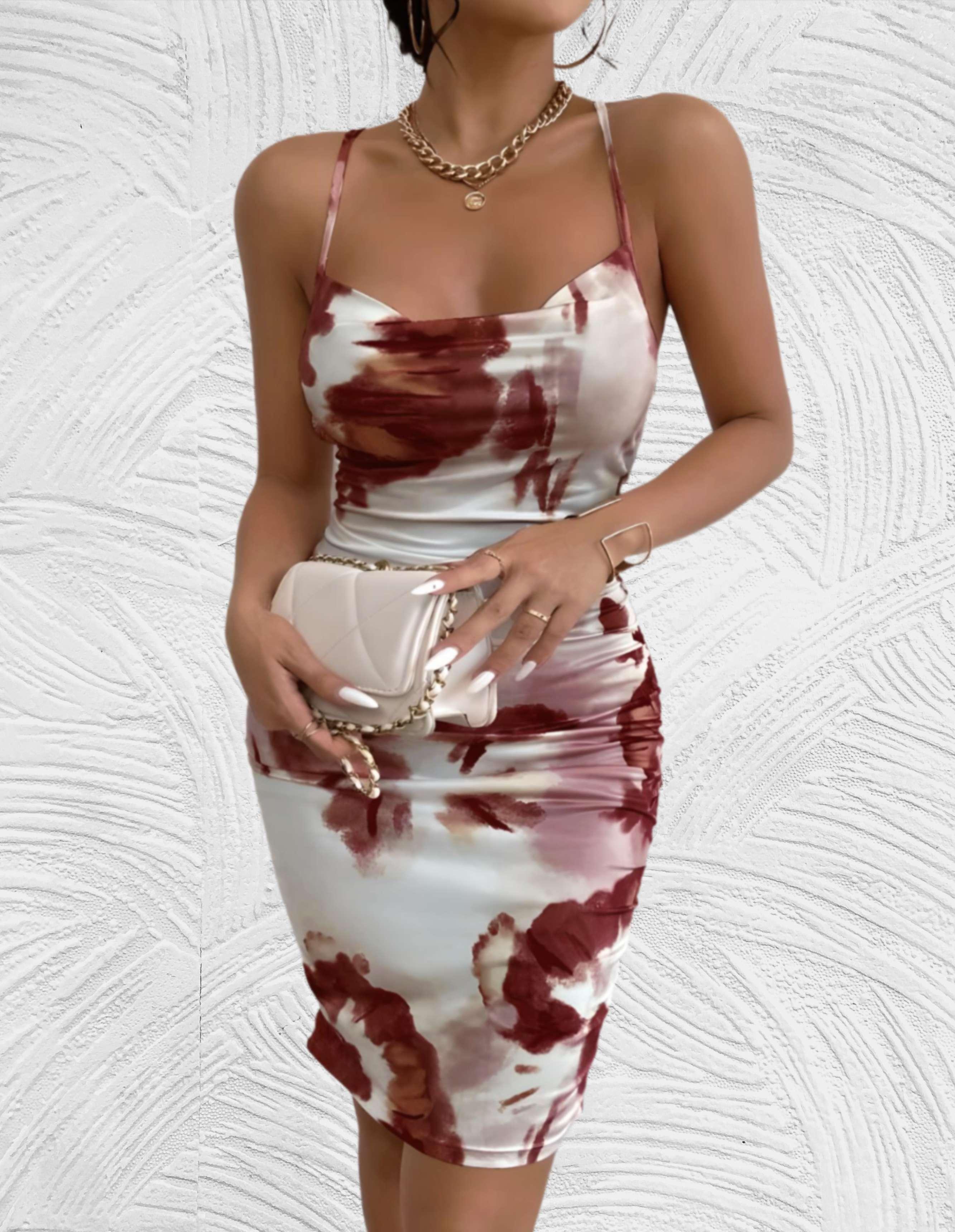 Bodycon mini jurk vierkante hals mouwloos rugloos en gemarmerd kleurontwerp