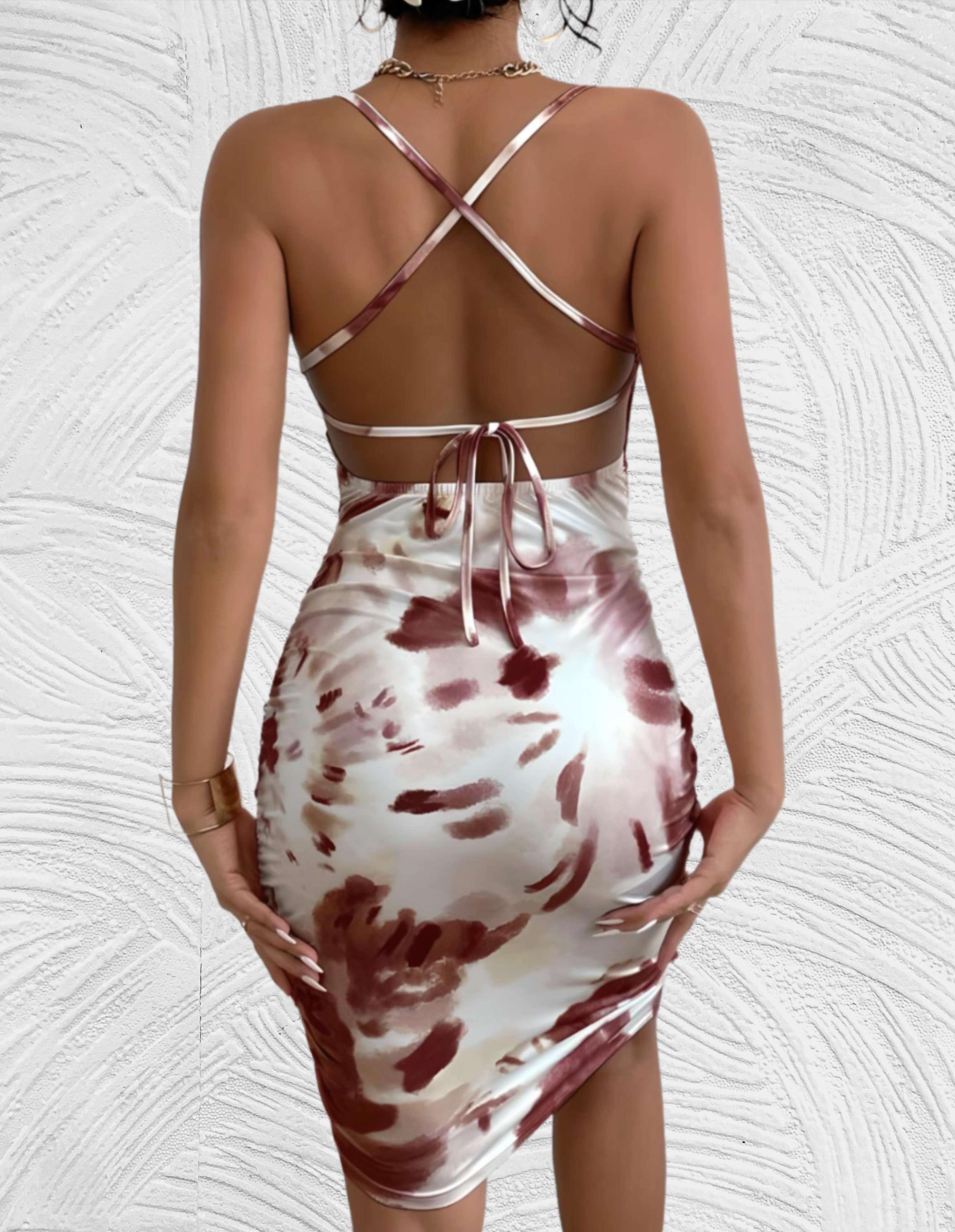 Bodycon mini jurk vierkante hals mouwloos rugloos en gemarmerd kleurontwerp