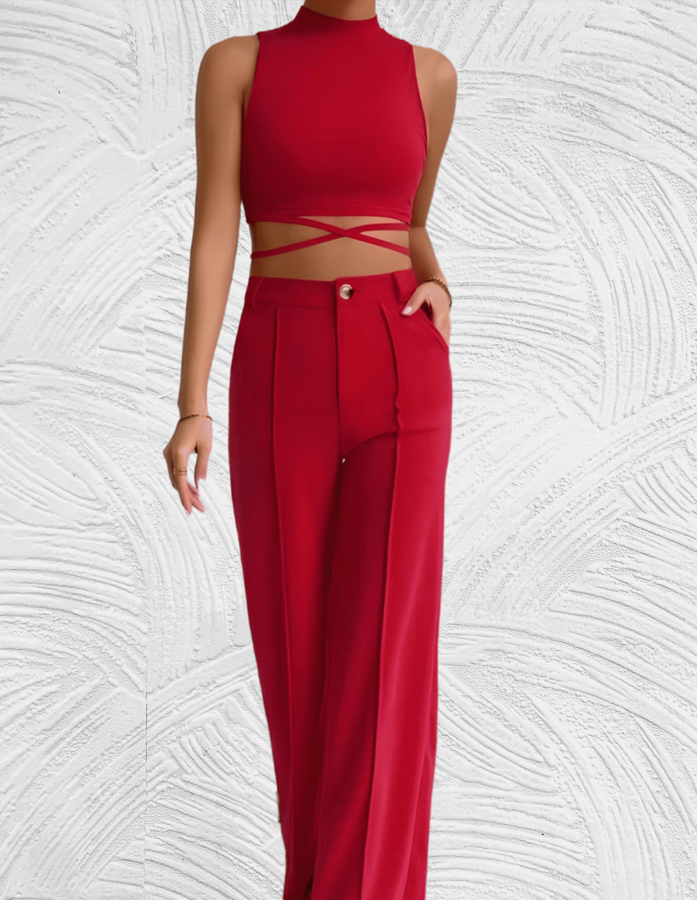 Slim fit 2-delige set met mouwloze en cropped top met x tie ontwerp met bijpassende broek met hoge taille
