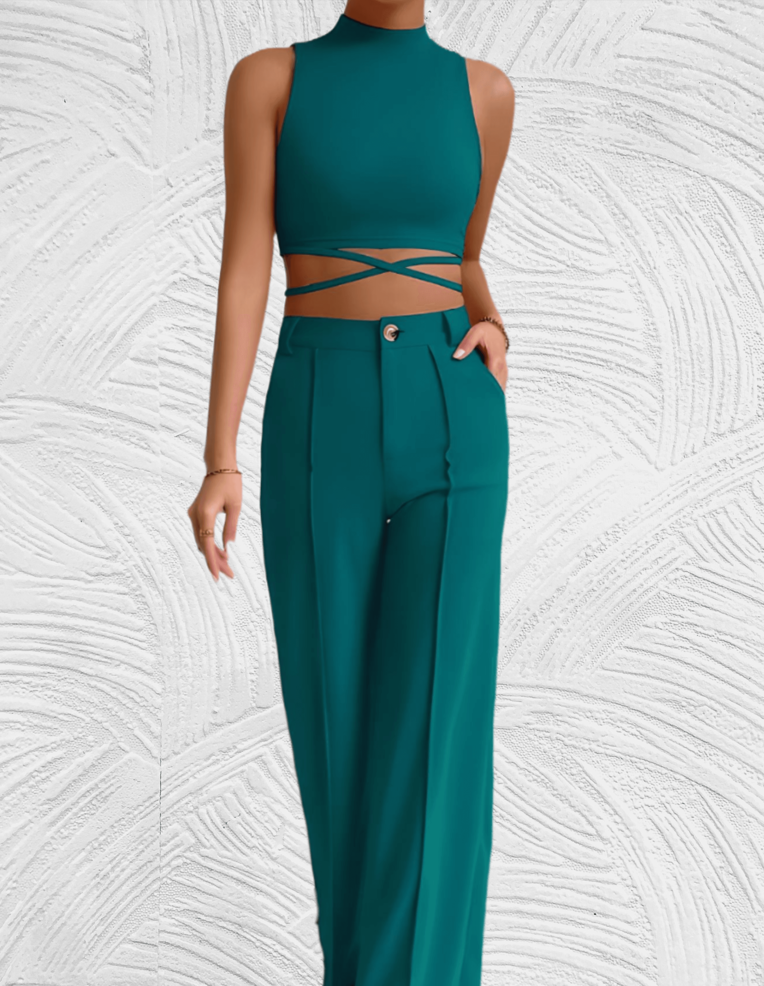Slim fit 2-delige set met mouwloze en cropped top met x tie ontwerp met bijpassende broek met hoge taille