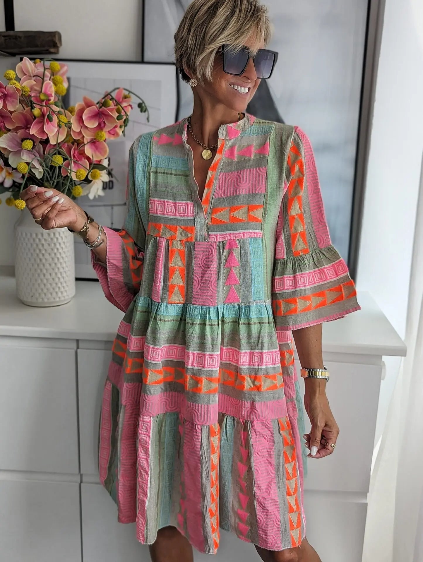 Chloe ™ | Boho gestreepte print korte jurk