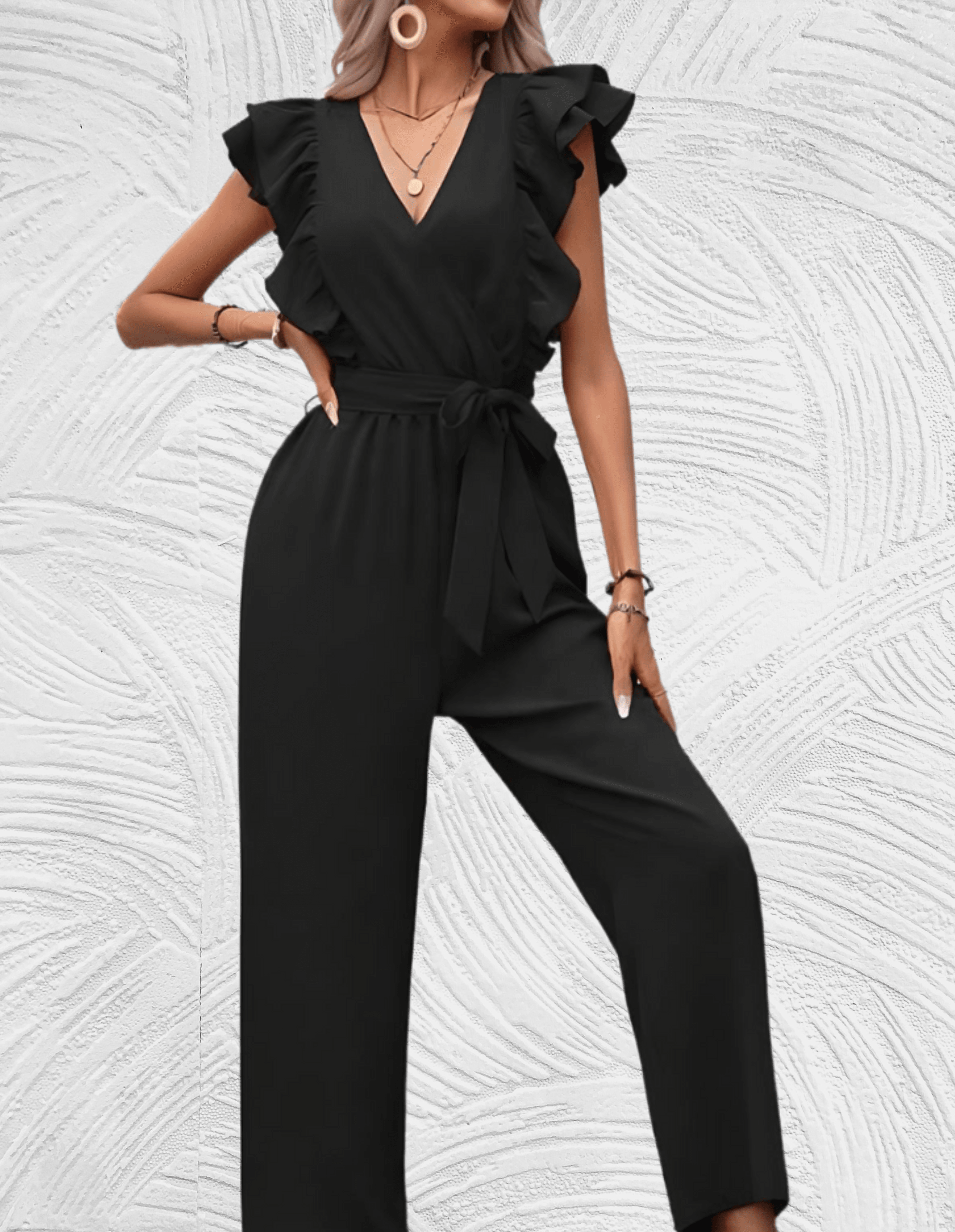 Mooi passende jumpsuit met lage v hals gegolfde zijmouwen en strikbanden aan de zijkant