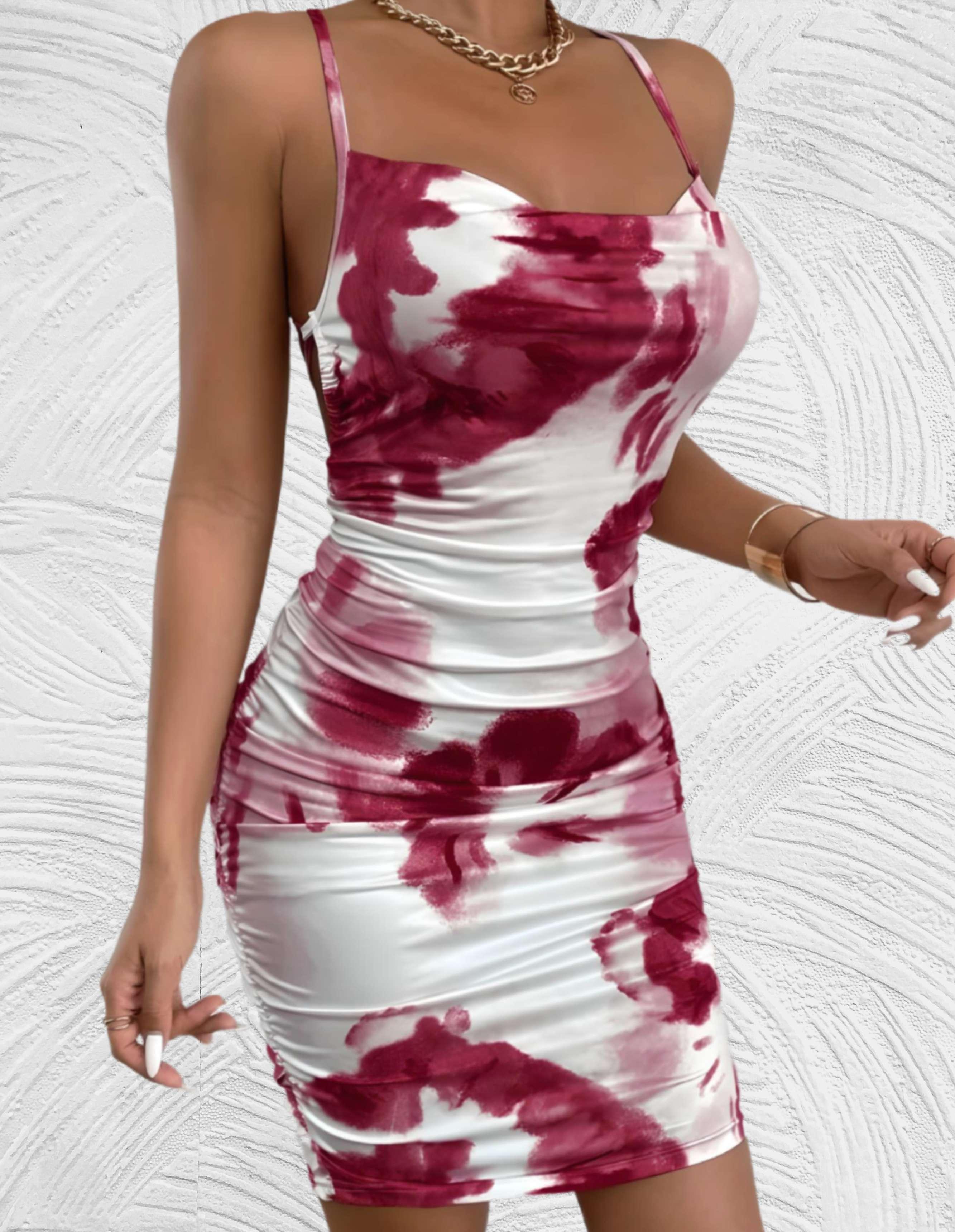 Bodycon mini jurk vierkante hals mouwloos rugloos en gemarmerd kleurontwerp
